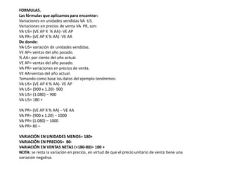 FORMULAS.
Las fórmulas que aplicamos para encontrar:
Variaciones en unidades vendidas VA US.
Variaciones en precios de venta VA PR, son:
VA US= (VE AP X % AA)- VE AP
VA PR= (VE AP X % AA)- VE AA
De donde:
VA US= variación de unidades vendidas.
VE AP= ventas del año pasado.
% AA= por ciento del año actual.
VE AP= ventas del año pasado.
VA PR= variaciones en precios de venta.
VE AA=ventas del año actual.
Tomando como base los datos del ejemplo tendremos:
VA US= (VE AP X % AA)- VE AP
VA US= (900 x 1.20)- 900
VA US= (1.080) – 900
VA US= 180 +
VA PR= (VE AP X % AA) – VE AA
VA PR= (900 x 1.20) – 1000
VA PR= (1.080) – 1000
VA PR= 80 –
VARIACIÓN EN UNIDADES MENOS= 180+
VARIACIÓN EN PRECIOS= 80-
VARIACIÓN EN VENTAS NETAS (+180-80)= 100 +
NOTA: se resta la variación en precios, en virtud de que el precio unitario de venta tiene una
variación negativa.
 