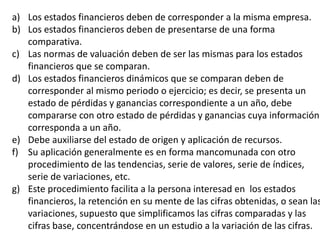 a) Los estados financieros deben de corresponder a la misma empresa.
b) Los estados financieros deben de presentarse de una forma
comparativa.
c) Las normas de valuación deben de ser las mismas para los estados
financieros que se comparan.
d) Los estados financieros dinámicos que se comparan deben de
corresponder al mismo periodo o ejercicio; es decir, se presenta un
estado de pérdidas y ganancias correspondiente a un año, debe
compararse con otro estado de pérdidas y ganancias cuya información
corresponda a un año.
e) Debe auxiliarse del estado de origen y aplicación de recursos.
f) Su aplicación generalmente es en forma mancomunada con otro
procedimiento de las tendencias, serie de valores, serie de índices,
serie de variaciones, etc.
g) Este procedimiento facilita a la persona interesad en los estados
financieros, la retención en su mente de las cifras obtenidas, o sean las
variaciones, supuesto que simplificamos las cifras comparadas y las
cifras base, concentrándose en un estudio a la variación de las cifras.
 