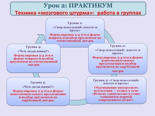 Урок 2: ПРАКТИКУМ 
Техника «мозгового штурма»: работа в группах 
 