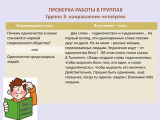 Формулировка темы Вступление + тезис 
Почему одиночество в семье 
становится нормой 
современного общества? 
Два слова - «одиночество» и «уединение»… На 
первый взгляд, эти однокоренные слова похожи 
друг на друга. Но за ними – разные эмоции, 
переживаемые людьми. Уединения ищут – от 
одиночества бегут! Об этом очень тонко сказал 
Б.Тиллетт: «Люди создали слово «одиночество», 
чтобы выразить боль того, кто один, и слово 
«уединённость», чтобы выразить его величие». 
Действительно, страшно быть одиноким, ещё 
страшнее, когда ты одинок рядом с близкими тебе 
людьми. 
или 
Одиночество среди родных 
людей. 
 