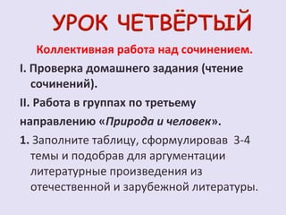 Коллективная работа над сочинением. 
I. Проверка домашнего задания (чтение 
сочинений). 
II. Работа в группах по третьему 
направлению «Природа и человек». 
1. Заполните таблицу, сформулировав 3-4 
темы и подобрав для аргументации 
литературные произведения из 
отечественной и зарубежной литературы. 
 