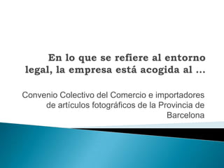 En lo que se refiere al entorno legal, la empresa está acogida al …Convenio Colectivo del Comercio e importadores de artículos fotográficos de la Provincia de Barcelona