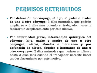 Por defunción de cónyuge, el hijo, el padre o madre de uno u otro cónyuge: 3 días naturales, que podrán ampliarse a 3 días mas cuando el trabajador necesite realizar un desplazamiento por este motivo.Por enfermedad grave, intervención quirúrgica del cónyuge, hijo, padre o madre de uno u otro conyugue, nietos, abuelos o hermanos y por defunción de nietos, abuelos o hermanos de uno u otro conyugue: 2 días naturales que podrán ampliarse hasta 3 días más cuando el trabajador necesite hacer un desplazamiento por este motivo.Permisos Retribuidos