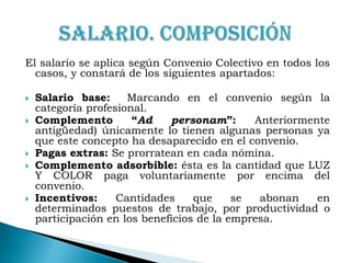 El salario se aplica según Convenio Colectivo en todos los casos, y constará de los siguientes apartados: Salario base:  Marcando en el convenio según la categoría profesional.Complemento “Ad personam”: Anteriormente antigüedad) únicamente lo tienen algunas personas ya que este concepto ha desaparecido en el convenio.Pagas extras: Se prorratean en cada nómina.Complemento adsorbible: ésta es la cantidad que LUZ Y COLOR paga voluntariamente por encima del convenio.Incentivos: Cantidades que se abonan en determinados puestos de trabajo, por productividad o participación en los beneficios de la empresa.Salario. Composición