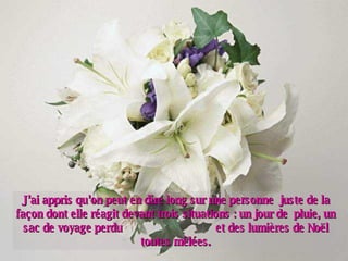 J’ai appris qu’on peut en dire long sur une personne  juste de la façon dont elle réagit devant trois situations : un jour de  pluie, un sac de voyage perdu  et des lumières de Noël toutes mêlées. 