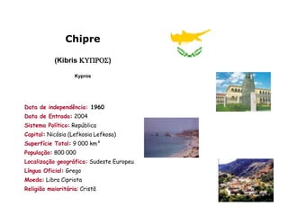 Chipre

           (Kibris KUPROS)

                   Kypros




Data de independência: 1960
Data de Entrada: 2004
Sistema Político: República
Capital: Nicósia (Lefkosia Lefkosa)
Superfície Total: 9 000 km²
População: 800 000
Localização geográfica: Sudeste Europeu
Língua Oficial: Grego
Moeda: Libra Cipriota
Religião maioritária: Cristã
 