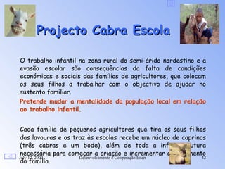 Projecto Cabra Escola

O trabalho infantil na zona rural do semi-árido nordestino e a
evasão escolar são consequências da falta de condições
económicas e sociais das famílias de agricultores, que colocam
os seus filhos a trabalhar com o objectivo de ajudar no
sustento familiar.
Pretende mudar a mentalidade da população local em relação
ao trabalho infantil.


 Cada família de pequenos agricultores que tira os seus filhos
 das lavouras e os traz às escolas recebe um núcleo de caprinos
 (três cabras e um bode), além de toda a infra-estrutura
 necessária para começar a criação e incrementar o rendimento
July 12, 2009        Desenvolvimento e Cooperação Internacional 42
 da família.
 