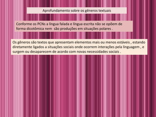 Aprofundamento sobre os gêneros textuais
Conforme os PCNs a língua falada e língua escrita não se opõem de
forma dicotômica nem são produções em situações polares .
Os gêneros são textos que apresentam elementos mais ou menos estáveis , estando
diretamente ligados a situações sociais onde ocorrem interações pela linguagem , e
surgem ou desaparecem de acordo com novas necessidades sociais .
 