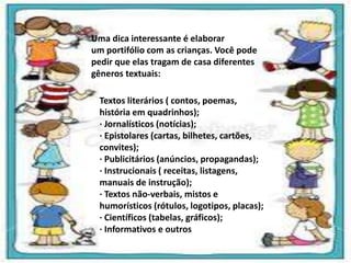 Textos literários ( contos, poemas,
história em quadrinhos);
· Jornalísticos (notícias);
· Epistolares (cartas, bilhetes, cartões,
convites);
· Publicitários (anúncios, propagandas);
· Instrucionais ( receitas, listagens,
manuais de instrução);
· Textos não-verbais, mistos e
humorísticos (rótulos, logotipos, placas);
· Científicos (tabelas, gráficos);
· Informativos e outros
Uma dica interessante é elaborar
um portifólio com as crianças. Você pode
pedir que elas tragam de casa diferentes
gêneros textuais:
 