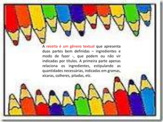 A receita é um gênero textual que apresenta
duas partes bem definidas – ingredientes e
modo de fazer -, que podem ou não vir
indicadas por títulos. A primeira parte apenas
relaciona os ingredientes, estipulando as
quantidades necessárias, indicadas em gramas,
xícaras, colheres, pitadas, etc.
 