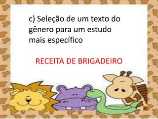 c) Seleção de um texto do
gênero para um estudo
mais específico
RECEITA DE BRIGADEIRO
 