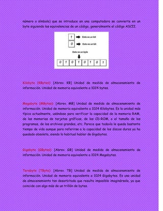 número o símbolo) que se introduce en una computadora se convierte en un
byte siguiendo las equivalencias de un código, generalmente el código ASCII.
Kilobyte (KBytes): [Abrev. KB] Unidad de medida de almacenamiento de
información. Unidad de memoria equivalente a 1024 bytes.
Megabyte (MBytes): [Abrev. MB] Unidad de medida de almacenamiento de
información. Unidad de memoria equivalente a 1024 Kilobytes. Es la unidad más
típica actualmente, usándose para verificar la capacidad de la memoria RAM,
de las memorias de tarjetas gráficas, de los CD-ROM, o el tamaño de los
programas, de los archivos grandes, etc. Parece que todavía le queda bastante
tiempo de vida aunque para referirse a la capacidad de los discos duros ya ha
quedado obsoleta, siendo lo habitual hablar de Gigabytes.
Gigabyte (GBytes): [Abrev. GB] Unidad de medida de almacenamiento de
información. Unidad de memoria equivalente a 1024 Megabytes.
Terabyte (TByte): [Abrev. TB] Unidad de medida de almacenamiento de
información. Unidad de memoria equivalente a 1024 Gigabytes. Es una unidad
de almacenamiento tan desorbitada que resulta imposible imaginársela, ya que
coincide con algo más de un trillón de bytes.
 