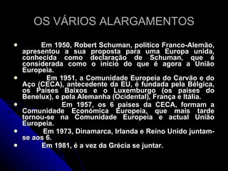 OS VÁRIOS ALARGAMENTOS
        Em 1950, Robert Schuman, político Franco-Alemão,
    apresentou a sua proposta para uma Europa unida,
    conhecida como declaração de Schuman, que é
    considerada como o início do que é agora a União
    Europeia.
          Em 1951, a Comunidade Europeia do Carvão e do
    Aço (CECA), antecedente da EU, é fundada pela Bélgica,
    os Países Baixos e o Luxemburgo (os países do
    Benelux), e pela Alemanha (Ocidental), França e Itália.
               Em 1957, os 6 países da CECA, formam a
    Comunidade Económica Europeia, que mais tarde
    tornou-se na Comunidade Europeia e actual União
    Europeia.
         Em 1973, Dinamarca, Irlanda e Reino Unido juntam-
    se aos 6.
        Em 1981, é a vez da Grécia se juntar.
 