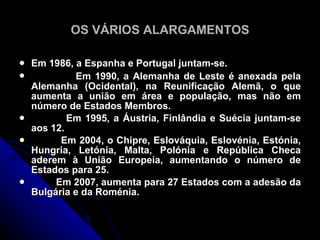 OS VÁRIOS ALARGAMENTOS

   Em 1986, a Espanha e Portugal juntam-se.
            Em 1990, a Alemanha de Leste é anexada pela
    Alemanha (Ocidental), na Reunificação Alemã, o que
    aumenta a união em área e população, mas não em
    número de Estados Membros.
           Em 1995, a Áustria, Finlândia e Suécia juntam-se
    aos 12.
         Em 2004, o Chipre, Eslováquia, Eslovénia, Estónia,
    Hungria, Letónia, Malta, Polónia e República Checa
    aderem à União Europeia, aumentando o número de
    Estados para 25.
        Em 2007, aumenta para 27 Estados com a adesão da
    Bulgária e da Roménia.
 