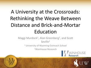 A University at the Crossroads:
Rethinking the Weave Between
Distance and Brick-and-Mortar
          Education
   Maggi Murdock1, Alan Greenberg2, and Scott
                    Seville1
       1   University of Wyoming Outreach School
                   2Wainhouse Research
 