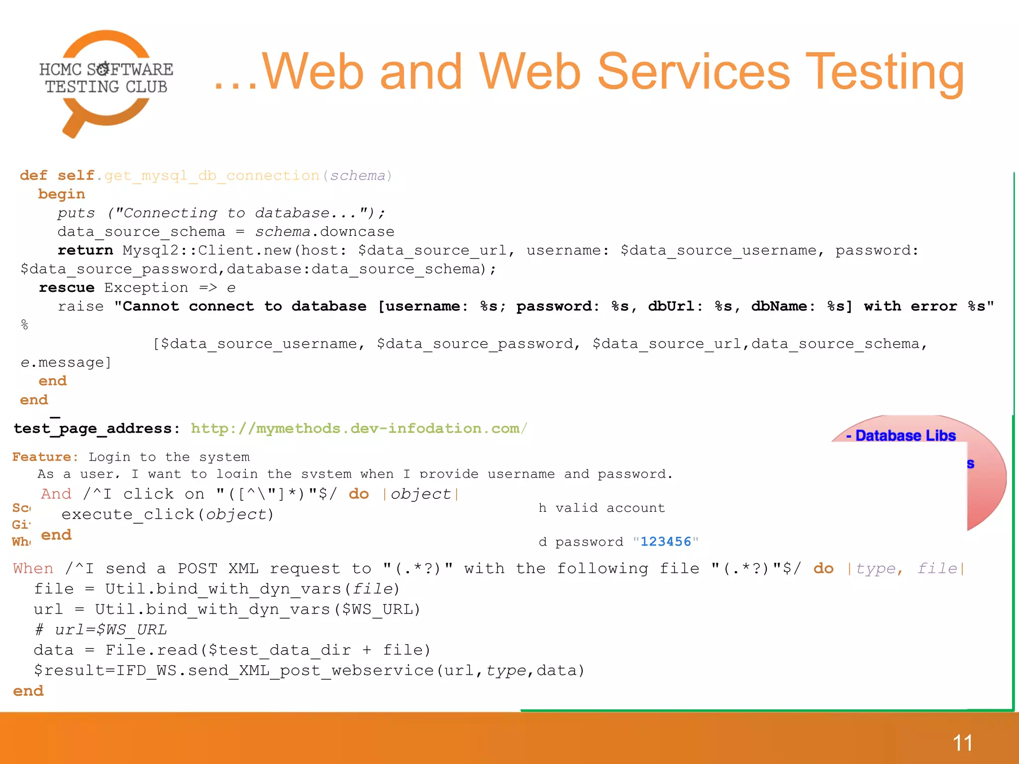 …Web and Web Services Testing
11
Feature: Login to the system
As a user, I want to login the system when I provide username and password.
Scenario: Verify user can login to the system successfully with valid account
Given I am on Login Page
When I login into system with username "testMYM2@gmail.com" and password "123456"
Then I am on Dashboard page
When /^I login into system with username "(.*)" and password "(.*)"$/ do |username, password|
step %{I set text on "textbox_username" with "#{username}"}
step %{I set text on "textbox_password" with "#{password}"}
step %{I click on "button_login"}
end
default_browser: chrome
wait_time: 30
test_page_address: http://mymethods.dev-infodation.com/
textbox_username: {xpath_selector: '//*[@id="login_user"]'}
textbox_password: {xpath_selector: '//*[@id="login_pass"]'}
And /^I click on "([^"]*)"$/ do |object|
execute_click(object)
end
When /^I send a POST XML request to "(.*?)" with the following file "(.*?)"$/ do |type, file|
file = Util.bind_with_dyn_vars(file)
url = Util.bind_with_dyn_vars($WS_URL)
# url=$WS_URL
data = File.read($test_data_dir + file)
$result=IFD_WS.send_XML_post_webservice(url,type,data)
end
def self.get_mysql_db_connection(schema)
begin
puts ("Connecting to database...");
data_source_schema = schema.downcase
return Mysql2::Client.new(host: $data_source_url, username: $data_source_username, password:
$data_source_password,database:data_source_schema);
rescue Exception => e
raise "Cannot connect to database [username: %s; password: %s, dbUrl: %s, dbName: %s] with error %s"
%
[$data_source_username, $data_source_password, $data_source_url,data_source_schema,
e.message]
end
end
 