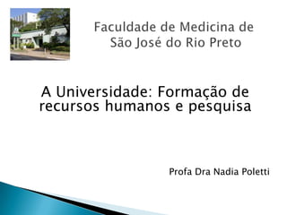 A Universidade: Formação de
recursos humanos e pesquisa



                Profa Dra Nadia Poletti
 