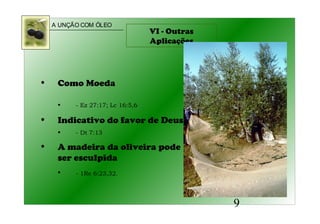 A UNÇÃO COM ÓLEO
9
• Como Moeda
• - Ez 27:17; Lc 16:5,6
• Indicativo do favor de Deus
• - Dt 7:13
• A madeira da oliveira pode
ser esculpida
• - 1Re 6:23,32.
VI - Outras
Aplicações
 