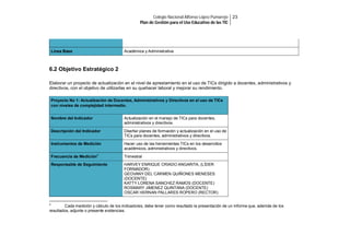 Colegio Nacional Alfonso López Pumarejo 23
Plan de Gestión para el Uso Educativo de las TIC

Línea Base

Académica y Administrativa

6.2 Objetivo Estratégico 2
Elaborar un proyecto de actualización en el nivel de aprestamiento en el uso de TICs dirigido a docentes, administrativos y
directivos, con el objetivo de utilizarlas en su quehacer laboral y mejorar su rendimiento.
Proyecto No 1: Actualización de Docentes, Administrativos y Directivos en el uso de TICs
con niveles de complejidad intermedio.
Nombre del Indicador

Actualización en el manejo de TICs para docentes,
administrativos y directivos.

Descripción del Indicador

Diseñar planes de formación y actualización en el uso de
TICs para docentes, administrativos y directivos.

Instrumentos de Medición

Hacer uso de las herramientas TICs en los desarrollos
académicos, administrativos y directivos.

Frecuencia de Medición

2

Responsable de Seguimiento

2

Trimestral
HARVEY ENRIQUE CRIADO ANGARITA, (LÍDER
FORMADOR)
GEOVANY DEL CARMEN QUIÑONES MENESES
(DOCENTE)
KATTY LORENA SANCHEZ RAMOS (DOCENTE)
ROSMARY JIMENEZ QUINTANA (DOCENTE)
OSCAR HERNAN PALLARES ROPERO (RECTOR)

Cada medición y cálculo de los indicadores, debe tener como resultado la presentación de un informe que, además de los
resultados, adjunte o presente evidencias.

 