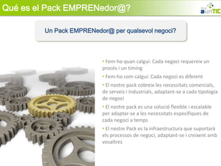 Qué es el Pack EMPRENedor@?

        Un Pack EMPRENedor@ per qualsevol negoci?



                         • Fem-ho quan calgui: Cada negoci requereix un
                         procés i un timing
                         • Fem-ho com calgui: Cada negoci es diferent
                         • El nostre pack cobreix les necessitats comercials,
                         de serveis i industrials, adaptant-se a cada tipologia
                         de negoci
                         • El nostre pack es una solució flexible i escalable
                         per adaptar-se a les necessitats específiques de
                         cada negoci a temps
                         • El nostre Pack es la infraestructura que suportarà
                         els processos de negoci, adaptant-se i creixent amb
                         vosaltres
 