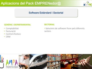 Aplicacions del Pack EMPRENedor@

                        Software Estàndard i Sectorial



 GENÈRIC i DEPARTAMENTAL             SECTORIAL
 •   Comptabilitat                   • Solucions de software lliure pels diferents
 •   Facturació                      sectors
 •   Control d’estocs
 •   CRM
 