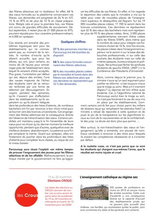 des filières sélectives est ici révélateur. En effet, 68 %
des vœux formulés sur la plateforme concernaient ces
filières. Les demandes ont progressé de 26 % en IUT,
15 % en BTS et de plus de 12 % en classe prépara-
toire. Malgré cela et pour la première fois, ces filières
ont connu de grandes difficultés de recrutement. Dé-
but septembre, il restait plus de 21 000 places en BTS,
pourtant réputés pour leur caractère professionnalisant,
et 6 000 en «prépas».
Ces retards ont entraîné des pro-
blèmes logistiques tant pour les
établissements qui ne connais-
saient pas, au moment de la ren-
trée, le nombre d’inscrits qu’ils
allaient accueillir, que pour les
élèves, qui ont, pour certains, eu
moins de 24 heures pour emmé-
nager près de l’établissement dans
lequel ils venaient d’être acceptés.
Plus grave, l’orientation par défaut
qui est, depuis des années, l’une
des causes majeures de l’échec
des étudiants vient de se retrou-
ver renforcée par une forme de
sélection par découragement. En
voyant, pendant des semaines,
qu’ils n’avaient pas d’affectation
dans les établissements qu’ils es-
péraient ou qu’ils étaient relégués
dans les profondeurs des listes d’attente, de nombreux
bacheliers ont fini par renoncer à leur choix initial pour
se tourner vers des licences universitaires. Cet engorge-
ment des filières sélectives est la conséquence directe
de l’absence de hiérarchisation des vœux. Certains can-
didats ont maintenu jusqu’à la fin l’ensemble de leurs
vœux pour ne choisir qu’au dernier moment la meilleure
opportunité, pendant que d’autres, quelquefois avec de
meilleurs dossiers, abandonnaient. La patience aura fini
par remplacer le mérite. Quant aux «prépas», elles ont
finalement dû piocher dans les profondeurs des listes
d’attente pour compléter leurs classes, au risque de voir
le niveau baisser.
Parcoursup aura réussi l’exploit «en même temps»
de prouver l’engouement des jeunes pour les filières
sélectives et de les affaiblir. Malheureusement, la po-
litique menée par le gouvernement ne fera qu’aggra-
ver les difficultés de ces filières. En effet, si l’on regarde
la répartition des crédits que le ministère a mis sur la
table pour créer de nouvelles places de l’enseigne-
ment supérieur, le déséquilibre est flagrant. Sur les 19
000 nouvelles places créées, 17 700 le seront dans les
licences universitaires. Ces dernières ne représentent
que 32 % des vœux des bacheliers mais vont représen-
ter plus de 93 % des places créées. Ainsi, 3 000 places
supplémentaires viennent d’être créées
dans les filières STAPS, alors même que
le nombre de vœux pour intégrer ces for-
mations chutait de 16 %. Une fois encore,
les places créées dans l’enseignement su-
périeur ne le seront ni sur la base des dé-
bouchés professionnels, ni sur celle des
souhaits des étudiants mais sur celle de
critères opaques, bureaucratiques et poli-
tiques. Ne surtout pas fâcher les syndicats
étudiants de gauche (FAGE, UNEF ) ni la
Conférence des Présidents d’Université!
Alors, comme depuis le premier jour, la
ministre n’aura qu’un seul argument pour
justifier sa réforme: «c’est toujours mieux
que le tirage au sort». Mais a-t-il vraiment
disparu? La réponse est loin d’être aussi
évidente. Car, si l’algorithme national de
Parcoursup exclut bien le tirage au sort,
ce n’est pas forcément le cas de ceux mis
en place par les établissements. Com-
ment certains ont-ils fait pour choisir parmi les milliers
de dossiers reçus qui remplissent les attendus fixés? La
ministre a refusé de répondre à cette question et de
jouer le jeu de la transparence sur les algorithmes lo-
caux au nom de la «souveraineté» et de la confidentiali-
té des jurys. Le doute est donc plus que permis ….
Mais surtout, la non-hiérarchisation des vœux et l’en-
gorgement qu’elle a entraînés, ont poussé de nom-
breux candidats à renoncer à des choix pour lesquels
ils avaient les compétences nécessaires et à s’orienter
par défaut.
A la roulette russe, ce n’est pas parce que ce sont
les étudiants qui chargent eux-mêmes l’arme, que le
résultat est moins injuste et cruel.
Quelques chiffres
27 % des personnes inscrites sur
Parcoursup ont été écartées du
dispostif.
68 % des voeux formulés concer-
naient des filières sélectives.
93 % des nouvelles places créées
par le ministère le furent dans des
filières non sélectives alors que
ces dernières ne représentent que
32 % des demandes.
19 au 30 novembre
Elections CROUS
Les dates des élections au
CROUS viennent de tom-
ber. Les scrutins seront ré-
partis selon les académies
du 19 au 30 novembre en
métropole et à partir du 12
novembre pour les DOM.
L’enseignement catholique au régime sec
550 postes de professeurs en
moins en 2019 et encore moins
les années suivantes. Cette cure
d’austérité a une conséquence
directe sur la capacité d’accueil
des établissements privés qui
ne peuvent plus accueillir plus
d’élèves. Les familles, qui souhaitaient quitter le public, sont
ainsi contraintes d’y rester et les syndicats sont contents.
 