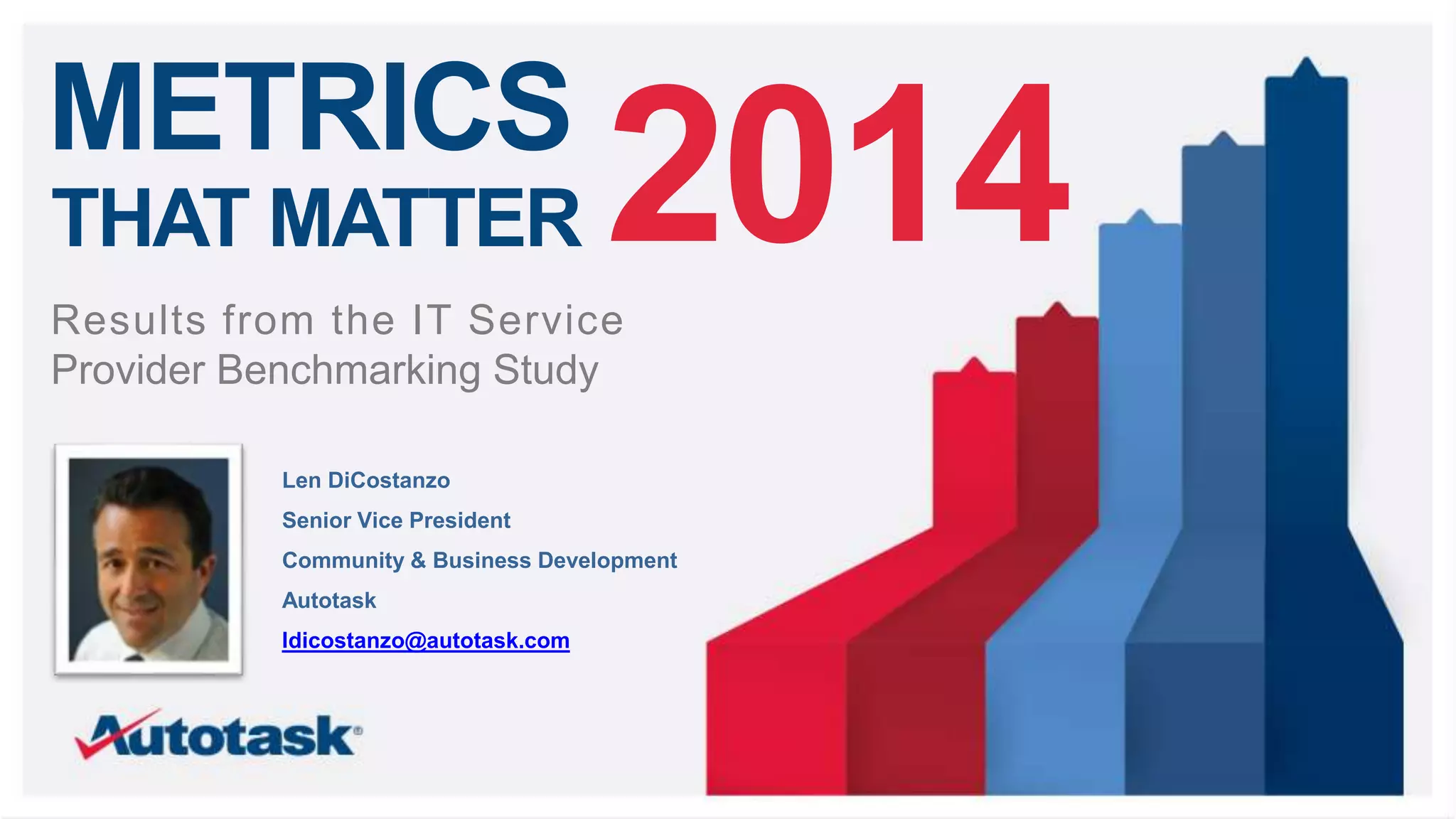 METRICS 
2014 THAT MATTER 
Results from the IT Service 
Provider Benchmarking Study 
Len DiCostanzo 
Senior Vice President 
Community & Business Development 
Autotask 
ldicostanzo@autotask.com 
