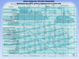 RESULTADOS DEL ESTUDIO FINANCIERO
                                      (Estimación de costos, gastos e ingresos para el primer año)
                                                                                   PERIODOS
               CONCEPTOS
                                                  0            1            2                  3       4      5       6
+INGRESOSSUJETOSAIMPUESTOS                        0           720          720                720     720    720     720
                        Ventas del producto       0           720          720                720     720    720     720
-EGRESOSDEDUCIBLESDEIMPUESTOS                     0           81.5         66                 84.9    66.4   63.4   60.4
                             Costos directos      0            14           14                 28     28     28      28
                           Costos Indirectos      0            4            4                  8       8      8       8
                  Costos Fijos de fabricación     0            2            2                 4.4     4.4    4.4     4.4
Gastos generales de administración y ventas       0            15           15                 20     20     20      20
Gastos por Intereses por préstamo bancario       46.5          31          24.5                6       3      0
-GASTOSNODESEMBOLSABLES                           0           10.8         10.8               13.6    13.6   13.6    11.6
              Gastos depreciación Edificios       0           2.8          2.8                 3.6    3.6    3.6     3.6
            Gasto depreciación Maquinaria         0            6            6                  8       8      8       8
            Amortización depre-operativos         0            2            2                  2       2      2       0


=UTILIDADANTESDEIMPUESTOS                         0           7.7          23.2               101.5   120    123     128
-IMPUESTOS-0,33                                   0           2.5          7.7                33.5    39.6   40.6    42.2
=UTILIDADDESPUESDEIMPUESTOS                       0           5.2          15.5                68     80.4   82.4    85.8

+AJUSTESPORGASTOSNODESEMBOLSABLE
S                                                 0           10.8         10.8               13.6    13.6   13.6    11.6
  Ajustes por Gastos depreciación Edificios       0           2.8          2.8                 3.6    3.6    3.6     3.6
 Ajustes por Gasto depreciación Maquinaria        0            6            6                  8       8      8       8
 Ajustes por Amortización depre-operativos        0            2            2                  2       2      2       0
+INGRESOSNOSUJETOSAIMPUESTOS                     155           0           30                  0       0      0     326.2
                           Valor de desecho       0            0            0                  0       0      0      296
        Recuperación del Capital de trabajo       0            0            0                  0       0      0      30.2
                         Préstamo Bancario       155           0           30                  0       0      0       0
-EGRESOSNODEDUCIBLESDEIMPUESTOS                 327.5         51.7        124.4               61.7     10     10      0
                                    Terrenos     100           0            0                  0       0      0       0
                                    Edificios    140           0           40                  0       0      0       0
                                 Maquinaria       60           0           20                  0       0      0       0
               Gastos de Puesta en Marcha         10           0            0                  0       0      0       0
            Inversión en Capital de Trabajo     40.75        -7.75        9.45                -9.25   -1.5   -1.5     0
               Pago del Préstamo Bancario        51.7         51.7         61.7                10      10     0       0


=FLUJODECAJA                                    -195.75      -27.96       -64.77              29.2    85.5   87.5   423.56
 