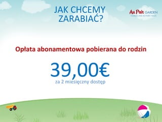 JAK CHCEMY
            ZARABIAĆ?

Opłata abonamentowa pobierana do rodzin


          39,00€
           za 2 miesięczny dostęp
 