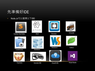 ȜʂIDE
? Node.JsxIDE:
Sublime Text Editor Atom Brackets
Chocolat
CodeRunner WebMatrix
WebStorm Coda 2
Expresso Komodo IDE Cloud9 IDE Visual Studio
 