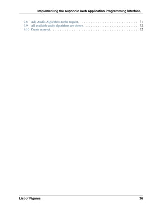 Implementing the Auphonic Web Application Programming Interface,


   9.8 Add Audio Algorithms to the request. . . . . . . . . . . . . . . . . . . . . . . . . 31
   9.9 All available audio algorithms are shown. . . . . . . . . . . . . . . . . . . . . . . 32
   9.10 Create a preset. . . . . . . . . . . . . . . . . . . . . . . . . . . . . . . . . . . . . 32




List of Figures                                                                                 36
 