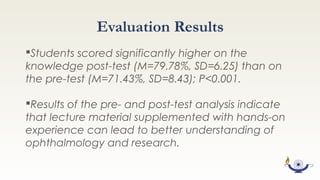 Evaluation Conclusions
The Wills Eye Clinical Vision Research Training and
Mentoring Program provided an evidence-based
foundation in critical thinking, research methods,
and manuscript development for students
interested in careers in ophthalmology.
Students emerge with clinical research skills and an
increased understanding and appreciation of vision
research.
 