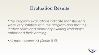 Outcomes 2013-2015:
Student Authorship on 43 Manuscripts
  
•17 Manuscripts Accepted/Published
•11 Manuscripts Submitted for Publication
•15 Manuscripts in Progress
 JAMA Ophthalmology, American Journal of Ophthalmology,
Survey of Ophthalmology, Journal of Glaucoma, Retina and
others
 