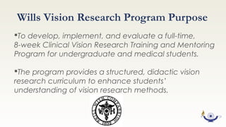 Eye Research-Related Lectures
Lecture Topic (11-hours)
1 Introduction to ophthalmology
2 Introduction to glaucoma
3 Introduction to neuro-ophthalmology and optic neuropathy
4 Introduction to diabetes and diabetic retinopathy
5 Introduction to age-related macular degeneration
6 Introduction to cataract and refractive surgery
7 Introduction to smoking and eye disease
8 Glaucoma community outreach demonstration project
9 Quality-of-life study for glaucoma
10 Transcorneal electrical stimulation study for optic neuropathy
11 Institutional Review Board (IRB) policies and procedures
 