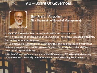 AU – Board Of Governors
Shri Prafull Anubhai
AU – Chairmain of Board of Management
 Mr. Prafull Anubhai is an educationist and a corporate advisor
 He is member of governing Council of AES and has been associated with IIMA
for the last more than 40 years
 He is actively associated with organizing the best and the longest festival of
Indian classical music – Saptak Annual Festival. Currently, he is also the Hon.
Director of Saptak Archives
He has 30 years of experience as a Chief Executive of Textile Manufacturing
Operations and presently he is a Director in several leading companies
 