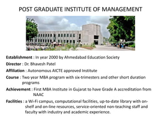 POST GRADUATE INSTITUTE OF MANAGEMENT
Establishment : In year 2000 by Ahmedabad Education Society
Director : Dr. Bhavesh Patel
Affiliation : Autonomous AICTE approved Institute
Course : Two year MBA program with six-trimesters and other short duration
programs
Achievement : First MBA Institute in Gujarat to have Grade A accreditation from
NAAC
Facilities : a Wi-Fi campus, computational facilities, up-to-date library with on-
shelf and on-line resources, service-oriented non-teaching staff and
faculty with industry and academic experience.
 