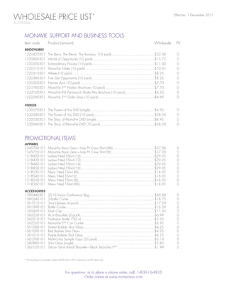WHOLESALE PRICE LIST*                                                                                                                      Effective: 1 December 2011

AUSTRALIA


     MONAVIE SUPPORT AND BUSINESS TOOLS
     Item code                Product (amount)                                                                               Wholesale      PV
     BROCHURES
     1220420301               The Berry. The Blend. The Business. (10 pack) ......................................... $22.00                0
     1220800301               World of Opportunity (10 pack) ........................................................... $15.75             0
     1220300301               Extraordinary Process (10 pack)............................................................ $11.00            0
     1220110101               MonaVie Folder (10 pack) .................................................................. $10.45            0
     1220310301               Athlete (10 pack) ............................................................................... $8.25       0
     1220380301               Five Star Opportunity (10 pack) ............................................................ $8.25            0
     1220320301               Premier Acai (10 pack) ....................................................................... $7.70          0
     1221760301               MonaVie EMV Product Brochure (10 pack) ............................................... $7.70                  0
     1223120301               MonaVie RVL Pre-Launch Shake Mix Brochure (10 pack)............................ $6.50                         0
     1222280301               MonaVie EMV Order Drop (10 pack) ...................................................... $4.89                 0

     VIDEOS
     1230070301               The    Power of You DVD (single).............................................................. $4.95          0
     1230080301               The    Power of You DVD (10 pack) .......................................................... $38.50           0
     1230030301               The    Story of MonaVie DVD (single)........................................................ $4.95            0
     1230040301               The    Story of MonaVie DVD (10 pack) .................................................... $38.50             0



     PROMOTIONAL ITEMS
     APPAREL
     1345760101               MonaVie Race Gear—Indy Pit Crew Shirt (XXL)........................................ $37.00                    0
     1345750101               MonaVie Race Gear—Indy Pit Crew Shirt (XL) ......................................... $37.00                   0
     1318420101               Ladies Fitted T-Shirt (10)....................................................................... $29.95      0
     1318430101               Ladies Fitted T-Shirt (12)....................................................................... $29.95      0
     1318440101               Ladies Fitted T-Shirt (14)....................................................................... $29.95      0
     1318450101               Ladies Fitted T-Shirt (16)....................................................................... $29.95      0
     1318530101               Mens Fitted T-Shirt (M) ......................................................................... $16.95      0
     1318540101               Mens Fitted T-Shirt (L)........................................................................... $16.95     0
     1318550101               Mens Fitted T-Shirt (XL) ......................................................................... $16.95     0
     1318560101               Mens Fitted T-Shirt (XXL) ....................................................................... $16.95      0

     ACCESSORIES
     1390440301               2010 Vision Conference Bag .............................................................. $30.00              0
     1360240101               2-Bottle Cooler .................................................................................. $18.75     0
     1361510101               Shot Glasses (4 pack) ......................................................................... $17.59        0
     1361390101               Bottle Cooler ..................................................................................... $16.50    0
     1350400101               Peak Cap......................................................................................... $11.95      0
     1360050101               Acai Bracelets (2 pack) ....................................................................... $6.99         0
     1362510101               Triathalon Bottle 750 ml ...................................................................... $5.95         0
     1362520101               MonaVie EMV Can Cooler ................................................................... $4.95              0
     1361580101               Green Bubble Shot Glass .................................................................... $4.25            0
     1361000101               Red Bubble Shot Glass ....................................................................... $4.25           0
     1361010101               Purple Bubble Shot Glass .................................................................... $4.25           0
     1361500101               Multi-Color Sample Cups (25 pack) ...................................................... $3.10                0
     1360880101               Shot Glass (single) ............................................................................. $2.85       0
     1362120101               Silicon Wrist Band/Bracelet—Black MonaVie EMV ................................... $1.99                       0


     * Pricing shown in Australian dollars (AUD) and is GST inclusive for non-PV items only.




                                                 For questions, or to place a phone order, call: 1-800-10-4833
                                                              Order online at www.monavievo.com
 