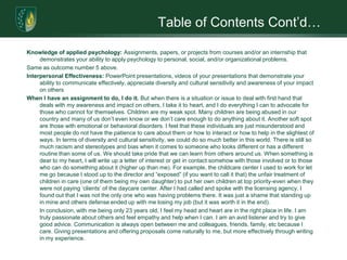Table of Contents Cont’d…Knowledge of applied psychology: Assignments, papers, or projects from courses and/or an internship that demonstrates your ability to apply psychology to personal, social, and/or organizational problems. Same as outcome number 5 above. Interpersonal Effectiveness: PowerPoint presentations, videos of your presentations that demonstrate your ability to communicate effectively, appreciate diversity and cultural sensitivity and awareness of your impact on others When I have an assignment to do, I do it. But when there is a situation or issue to deal with first hand that deals with my awareness and impact on others, I take it to heart, and I do everything I can to advocate for those who cannot for themselves. Children are my weak spot. Many children are being abused in our country and many of us don’t even know or we don’t care enough to do anything about it. Another soft spot are those with emotional or behavioral disorders. I feel that these individuals are just misunderstood and most people do not have the patience to care about them or how to interact or how to help in the slightest of ways. In terms of diversity and cultural sensitivity, we could do so much better in this world. There is still so much racism and stereotypes and bias when it comes to someone who looks different or has a different routine than some of us. We should take pride that we can learn from others around us. When something is dear to my heart, I will write up a letter of interest or get in contact somehow with those involved or to those who can do something about it (higher up than me). For example, the childcare center I used to work for let me go because I stood up to the director and “exposed” (if you want to call it that) the unfair treatment of children in care (one of them being my own daughter) to put her own children at top priority-even when they were not paying ‘clients’ of the daycare center. After I had called and spoke with the licensing agency, I found out that I was not the only one who was having problems there. It was just a shame that standing up in mine and others defense ended up with me losing my job (but it was worth it in the end). 	In conclusion, with me being only 23 years old, I feel my head and heart are in the right place in life. I am truly passionate about others and feel empathy and help when I can. I am an avid listener and try to give good advice. Communication is always open between me and colleagues, friends, family, etc because I care. Giving presentations and offering proposals come naturally to me, but more effectively through writing in my experience.  