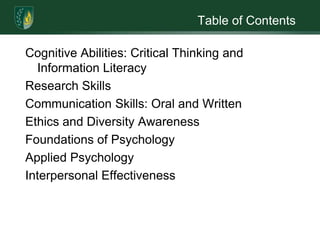 Table of ContentsCognitive Abilities: Critical Thinking and Information LiteracyResearch SkillsCommunication Skills: Oral and WrittenEthics and Diversity AwarenessFoundations of PsychologyApplied PsychologyInterpersonal Effectiveness