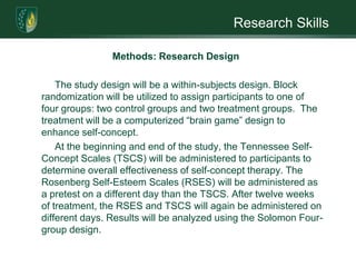 Research SkillsIntroduction/Review of LiteratureResults indicated that the majority of children and adolescents reported positive global self-concept, with some domain exceptions; however, general self-concept was poorer when compared to the normative mean values. There was also significantly poorer self-concept for physical abilities and mathematics. Academic achievement found no significant difference between the groups. All three reported inflated academic self-perceptions, which may be the result of positive illusory bias used as an adaptive or protective function (Barton & North, 2006).