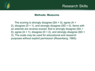 Research SkillsMethods: Samplemeet clinical severity of mild, moderate, or severe. Additional inclusion criteria may become apparent as the research proposal develops.Exclusion criteria is refusal to give written informed consent, refusal to complete rating scales, insufficient understanding of the English language, custody issues, intellectual delays, learning disabilities, and behavioral problems, e.g. ADHD. Each participant will be interviewed by two genetic medicine professionals and an NF1 experienced neurologist. A modified version of Riccardi’s Severity Scale (1999) will be employed to rate disease severity: mild, moderate, or severe (Barton & North, 2006). 