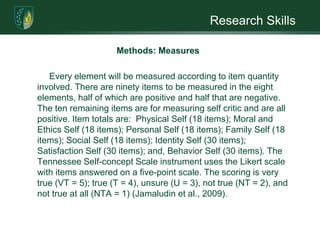 Research SkillsMethods: MeasuresThe scoring is strongly disagree (SA = 3); agree (A = 2), disagree (D = 1), and strongly disagree (SD = 0). Items with an asterisk are reverse scored, that is strongly disagree (SA = 0); agree (A = 1), disagree (D = 2), and strongly disagree (SD = 3). The scale may be used for educational and research purposes without explicit permission (Rosenberg, 1965). 