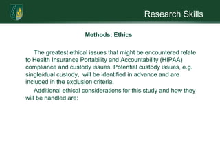 Research SkillsMethods: Data AnalysisO = ObservationR = Random AssignmentX = TreatmentTest                           Pretest     Treatment      PosttestExperimental Group 1     R          O                 X                    OControl Group 1              R          O                                        OExperimental Group 2     R                              X                    OControl Group 2              R                                                     O