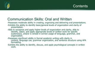 ContentsCommunication Skills: Oral and Written-Possesses moderate ability in creating, organizing and delivering oral presentations.-Exhibits the ability to identify basic/general levels of organization and clarity of presentation.-Able to recognize and apply higher levels of organization and clarity, able to identify, select, and apply appropriate levels of written work for specific audience(s), and/or is versed in correct usage of language, grammar, and organization.-Possesses significant ability in formal academic writing with clarity in content, language use, grammar organization, and sentence structure using APA formatting.-Exhibits the ability to identify, discuss, and apply psychological concepts in written work.