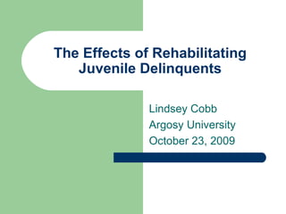 The Effects of Rehabilitating Juvenile Delinquents Lindsey Cobb Argosy University October 23, 2009 
