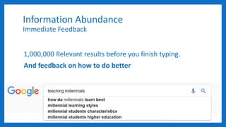 Information Abundance
Immediate Feedback
1,000,000 Relevant results before you finish typing.
And feedback on how to do better
 
