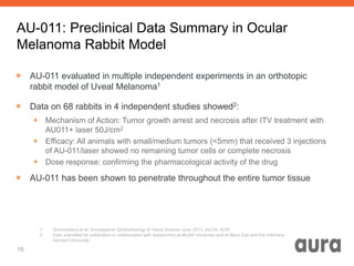 AU-011: Preclinical Data Summary in Ocular
Melanoma Rabbit Model
AU-011 evaluated in multiple independent experiments in an orthotopic
rabbit model of Uveal Melanoma1
Data on 68 rabbits in 4 independent studies showed2:
Mechanism of Action: Tumor growth arrest and necrosis after ITV treatment with
AU011+ laser 50J/cm2
Efficacy: All animals with small/medium tumors (<5mm) that received 3 injections
of AU-011/laser showed no remaining tumor cells or complete necrosis
Dose response: confirming the pharmacological activity of the drug
AU-011 has been shown to penetrate throughout the entire tumor tissue
10
1. Grossniklaus et al. Investigative Ophthalmology & Visual Science June 2013, Vol.54, 4229
2. Data submitted for publication in collaboration with researchers at McGill University and at Mass Eye and Ear Infirmary-
Harvard University
 