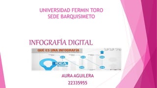 UNIVERSIDAD FERMIN TORO
SEDE BARQUISIMETO
INFOGRAFÍA DIGITAL
AURA AGUILERA
22335955
 