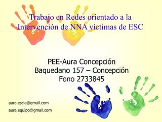 Trabajo en Redes orientado a la
    Intervención de NNA víctimas de ESC



               PEE-Aura Concepción
            Baquedano 157 – Concepción
                  Fono 2733845


aura.escia@gmail.com
aura.equipo@gmail.com
 