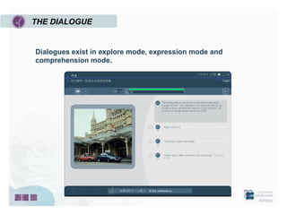 THE DIALOGUE


Dialogues exist in explore mode, expression mode and
comprehension mode.
 
